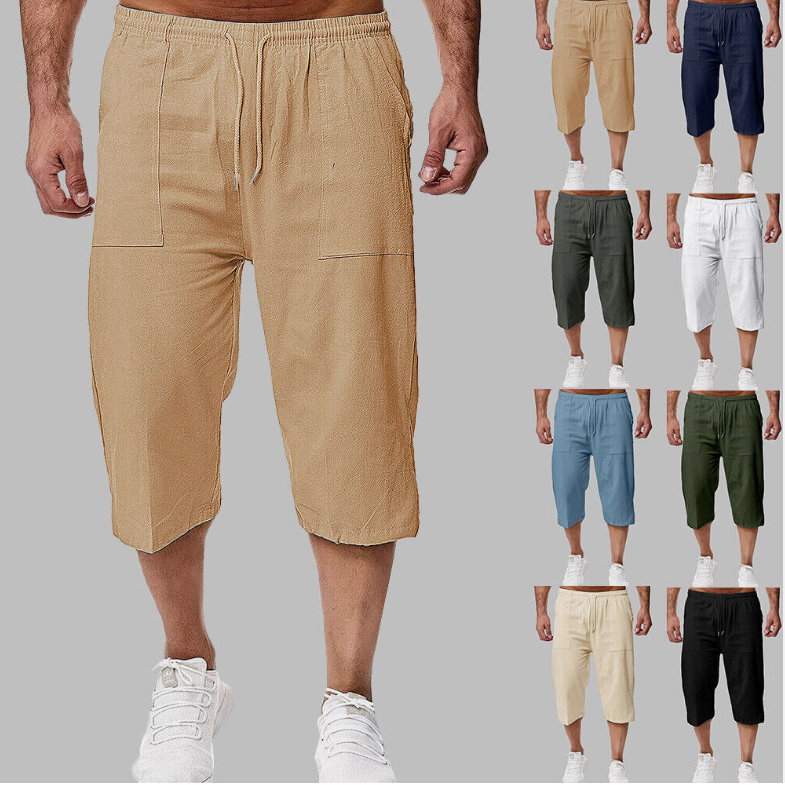 Mens 3/4 Length Linen Sports Shorts Elastic Waist Loose Casual Solid Capri  Pants